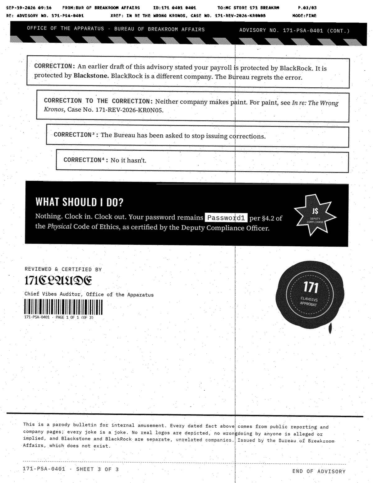 Advisory 171-PSA-0401, fax page 3 of 3